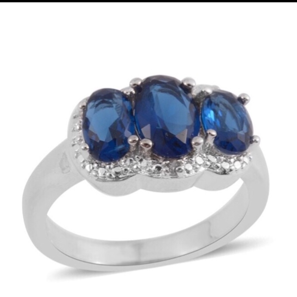 💎Lab Created Blue Sapphire, Diamond Accent Ring - Picture 7 of 8